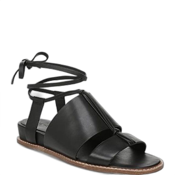 𝅺Vince Forster Ankle Wrap Black Leather Low Wedge Sandals size 7.5 MSRP $295 - Picture 1 of 5
